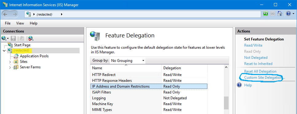 Custom Site Delegation button